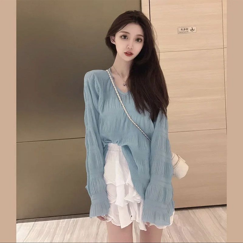 

Дизайн в стиле ленивого французского стиля с плиссированной шифоновой рубашкой, расклешенной рубашкой с длинными рукавами и защитой от солнца, летний тонкий женский топ XL синий