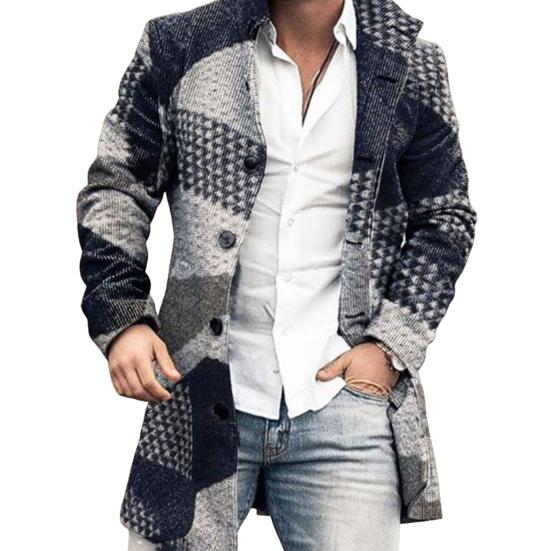 Men Overcoat Plaid Single-breasted Turndown Collar Long Sleeves Slim Mid-length Jacket Coat Streetwear