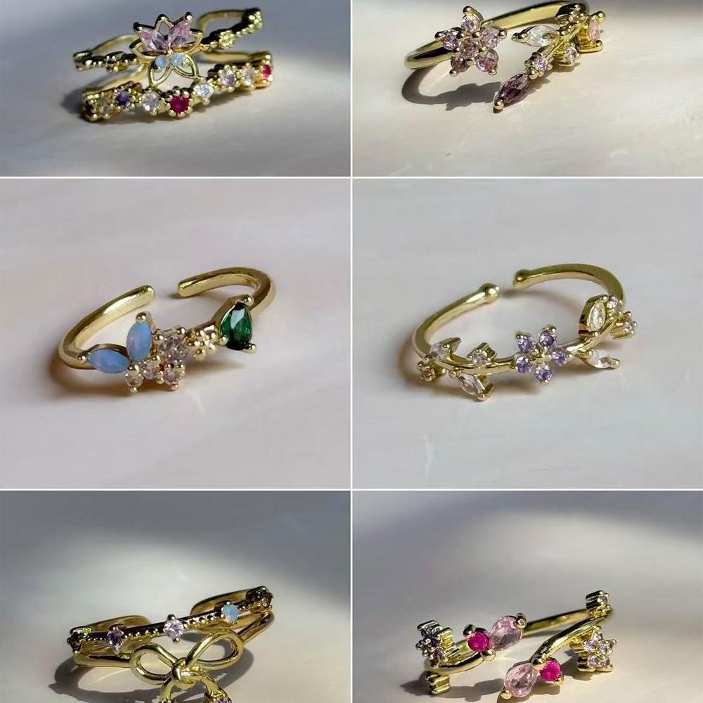 Sparkling Colorful Dazzling CZ Finger Flower Rings For Women Luxury Bow Pink Zircon Ring Wedding Jewelry For Wife & Girlfriend