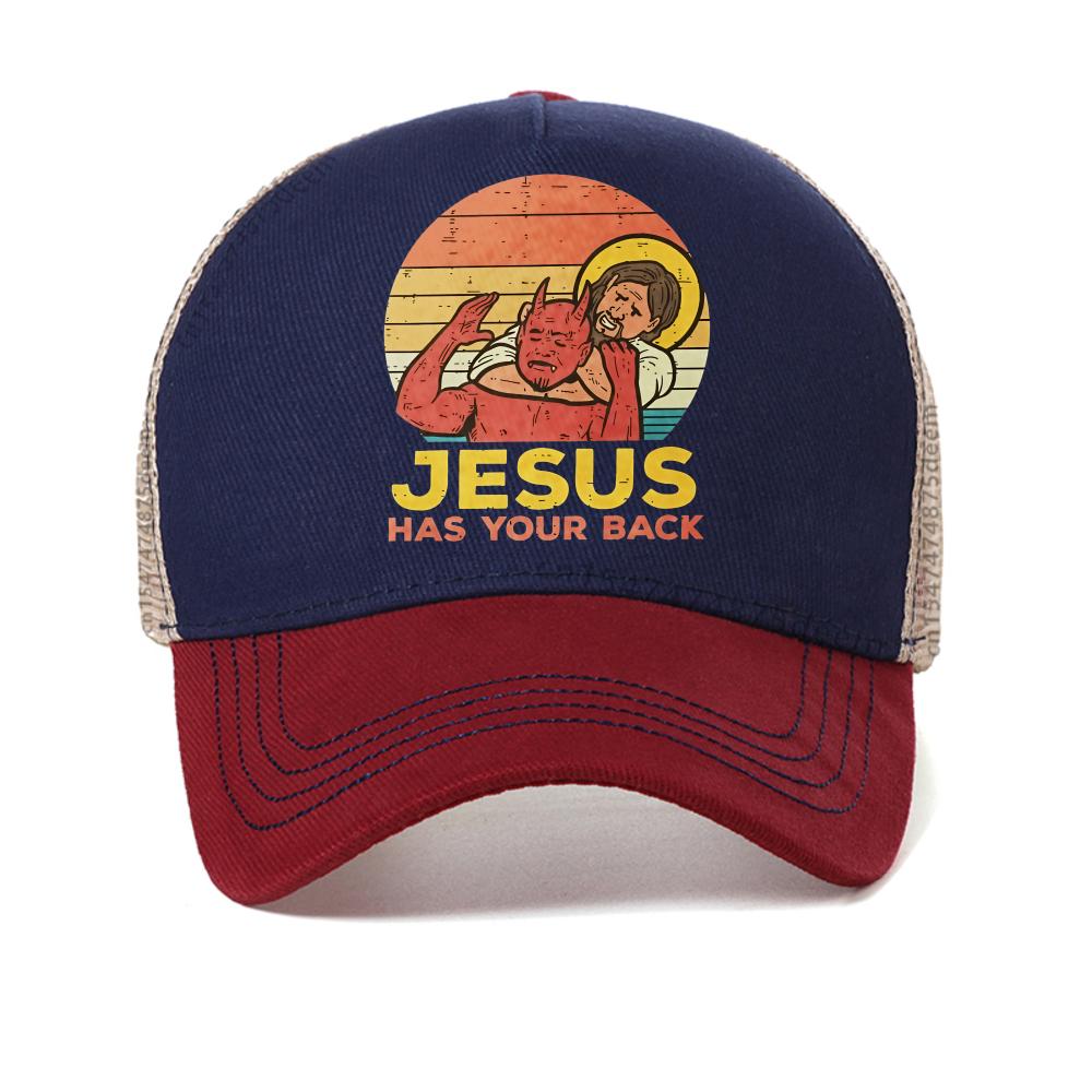 

Jesus Has Your Back Jiu Jitsu Retro Christian baseball cap Women and MenVintage Graphic snapback hats outdoor mesh trucker hat Adjustable
