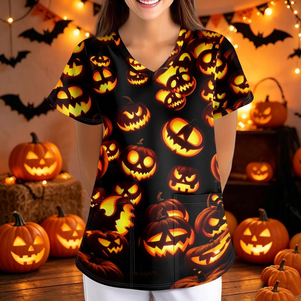 Women Halloween Print Loose V Neck Short Sleeve Medical Scrub Top with Pockets Nurse Uniform Work Shirt for Healthcare Professionals