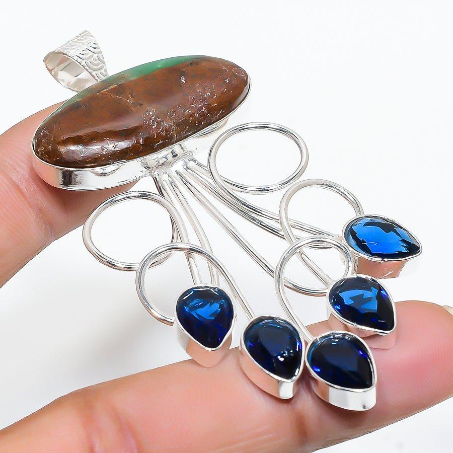 

Boulder Chrysoprase, Blue Topaz Gemstone Handmade Jewelry Pendant 2.96 SR-10880
