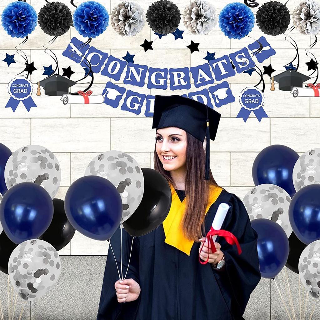 Grad Navy Blue Graduation Balloon Set Night Blue Silver Graduation Party Decoration Silver Spiral Paper Flower Ball Balloon Chain