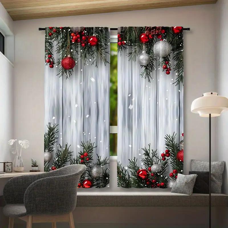 Holiday Christmas Balls Pine Branch Printed Curtains Suitable Home Decoration Bedrooms Living Rooms Made Of Polyester Great Room Decor