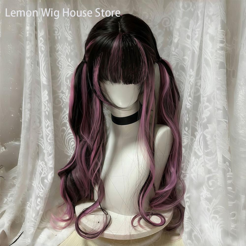 Black Wig with Pink Cosplay Wigs with Bangs  Lolita Long Curly Hair Wig Woman Party Cosplay Wig Natural Heat Resistant