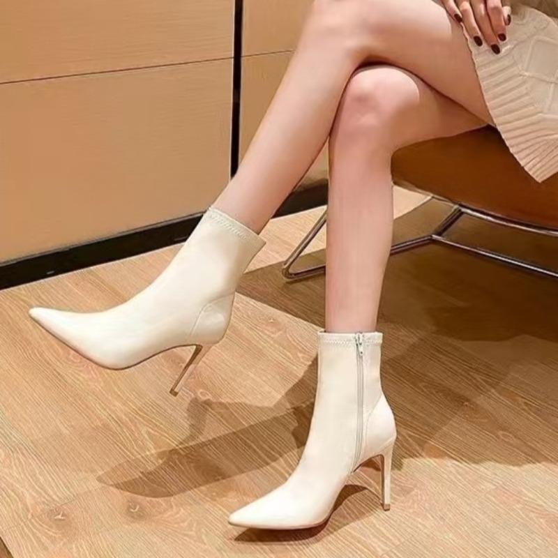 Side Zip Slim Heel Single Boots Women's Fashion Pointed Toe Non-Slip Wear-Resistant Short Cylinder