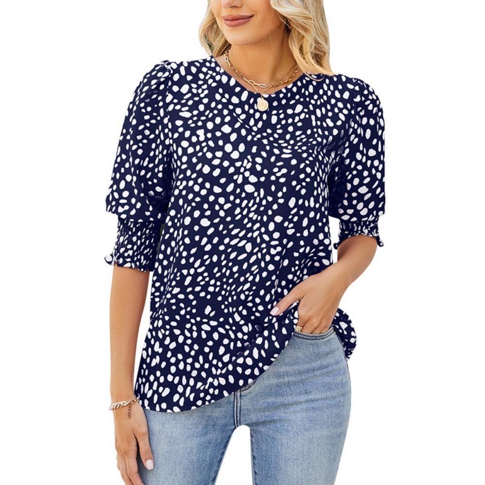 Summer New Loose Printed Short-sleeved Round Neck Chiffon Shirt for Women
