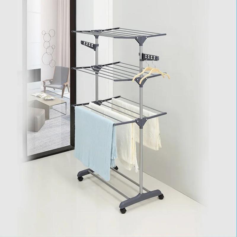 Folding Drying Clothes Rack Stainless Steel Floor Mobile Coat Storage Rack 3-Layer Household Multifunctional Towel Drying Racks