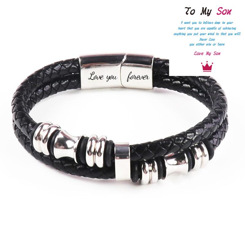 Leather rope bracelet cowhide men's double-layer stainless steel leather woven bracelet handmade multi-layer bracelet