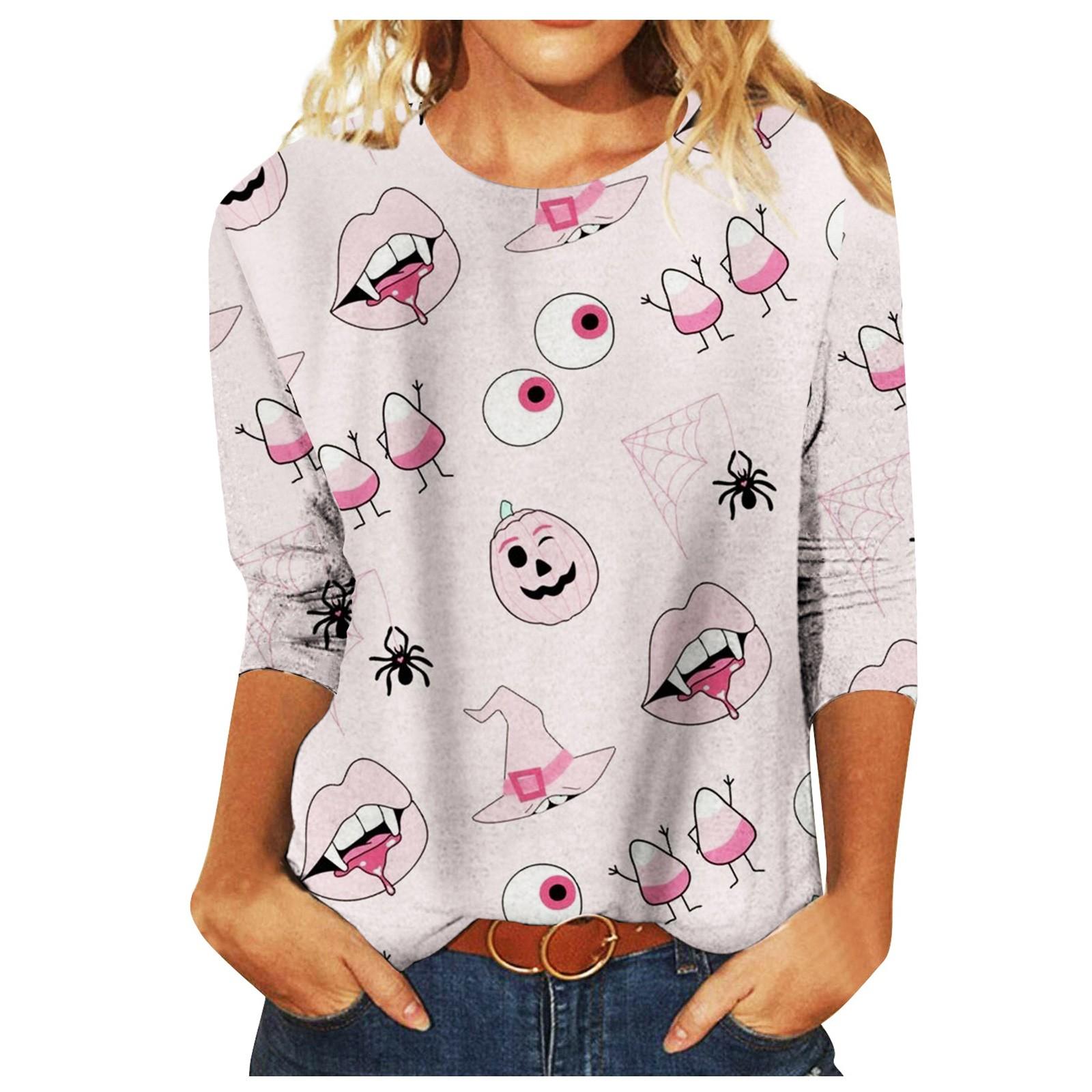 

(SU)Женская футболка с круглым вырезом и круглым вырезом с графическим принтом на Хэллоуин, футболка с рукавами 3/4