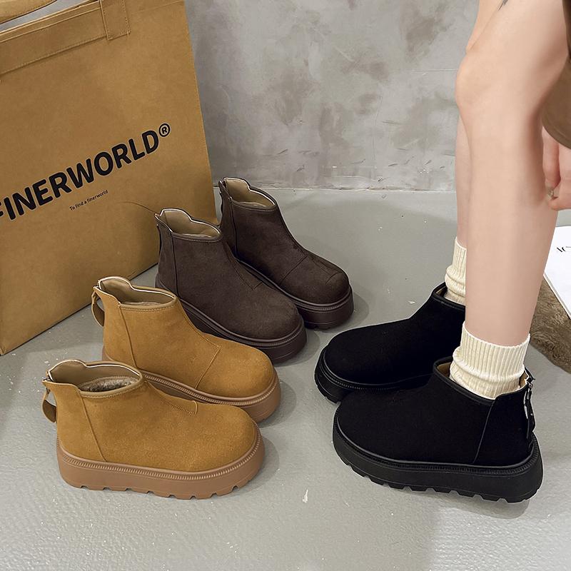 Women's Slope Heel Cotton Boots Winter New Round Head Suede Back Zipper Thick Sole Non-slip Short Snow Boots