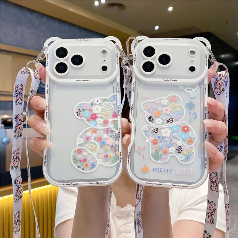 Korean Cute Flower Bear Ears Crossbody Lanyard Case For iPhone 17 16 15 14 13 12 11 Pro Max XS Max 7 8 Plus Cover Women Girl's