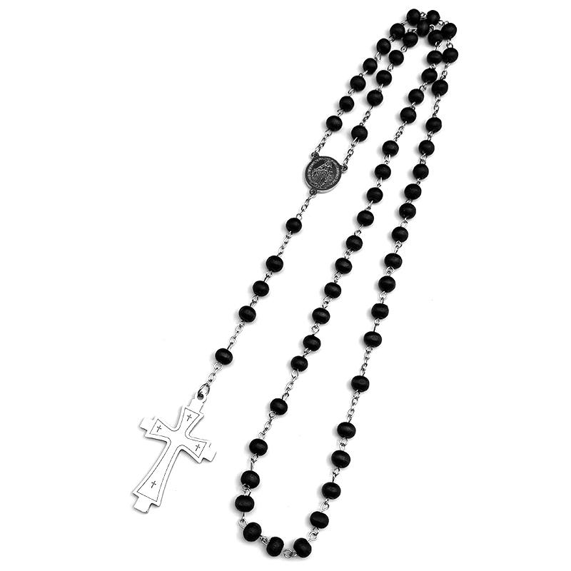 Christian Jesus Cross Stainless Steel Silver Color Statement Necklace for Women Men Long Prayer Beads Chain Jewelry Gift