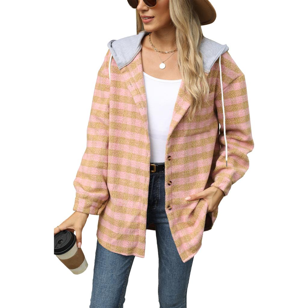 Women Autumn Winter Long Sleeve Hooded Plaid Warm Woolen Coat Cardigan