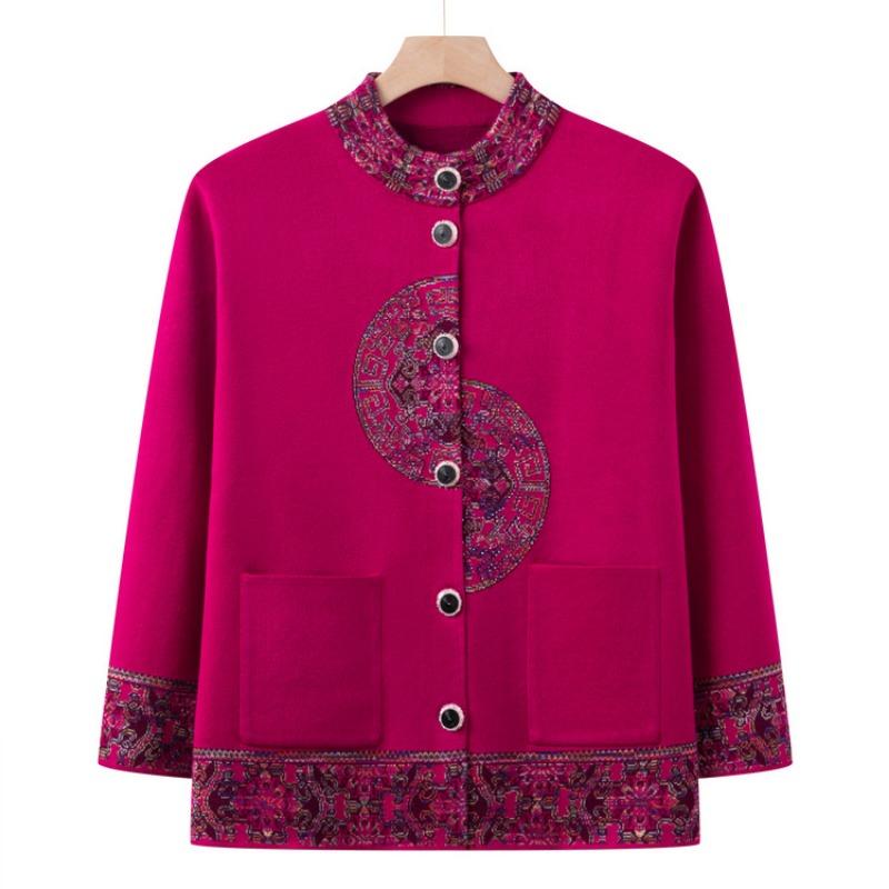 

Новая бабушкина осенне-зимняя куртка-свитер, женский праздничный кардиган для мамы, топ, свитер средней и пожилой вязки 4XL (recommended 130-72.5kg) розы красного