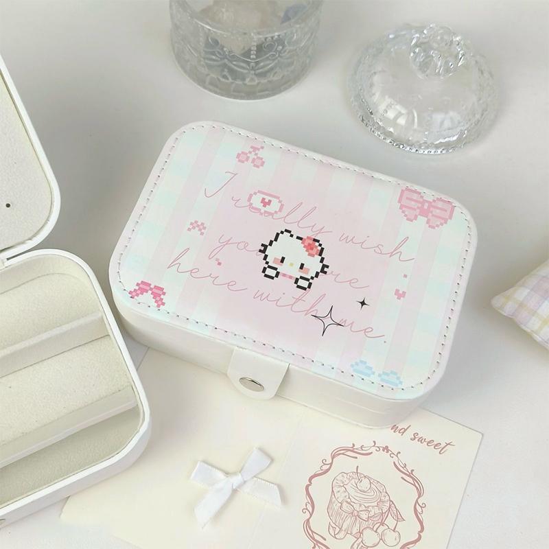 Kawaii Hello Kitty Jewelry Box Earrings Portable Necklace Ring Cute Pu Leather Storage Box Travel Mini Compact Accessory
