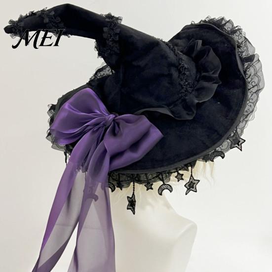 Comic Exhibition Costume Props Gothic Witch Hat for Women, Dark Lolita Style Halloween Accessory, Lightweight Party Outfit Essentials with Lace & Bow,