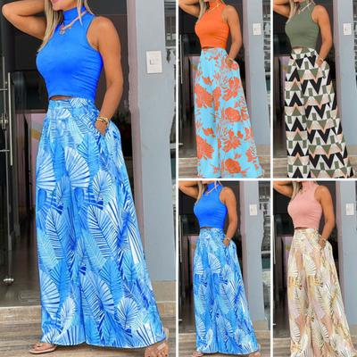 2 Pcs/Set Women Top Pants Set Sleeveless Half-high Collar Slim Fit High Waist Wide Leg Deep Crotch Floral Print Vacation Beach Crop Top Trousers Set