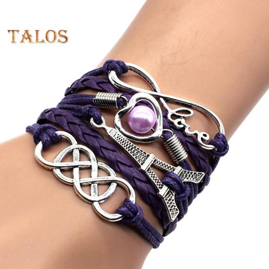 

Плетеный браслет из искусственной кожи с многослойным узором, ретро-многослойный плетеный браслет в виде башни из шнура для мужчин и женщин темно-фиолетового