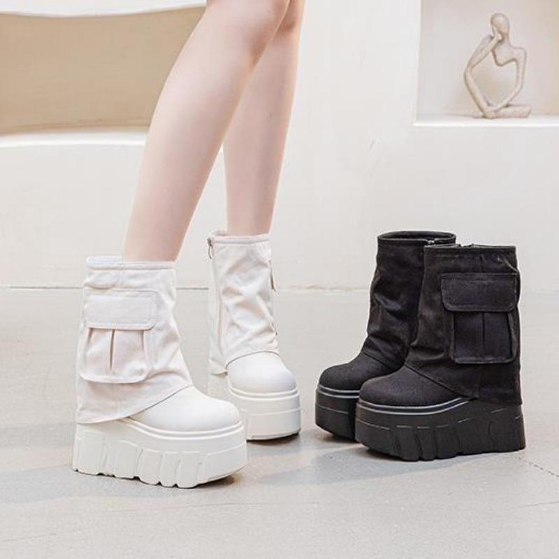 Fashion 14CM Street Style Denim Mid Calf Platform Wedge Breathable Women Boots Casual Knee High Boots Autumn Female Black Spring Shoes
