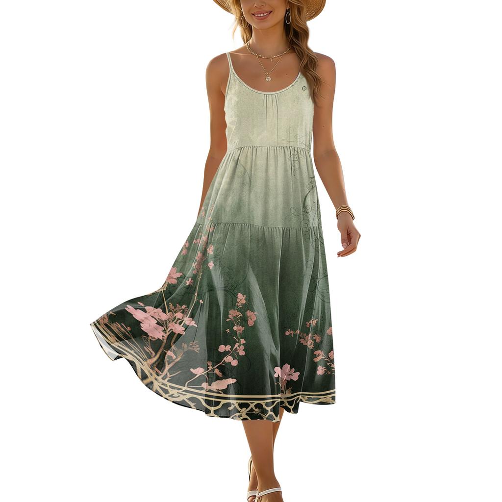 Sleeveless Spaghetti Strap Maxi Dress with Gradient Print Lightweight Flowy Fabric Casual Loose Fit Summer Sundress