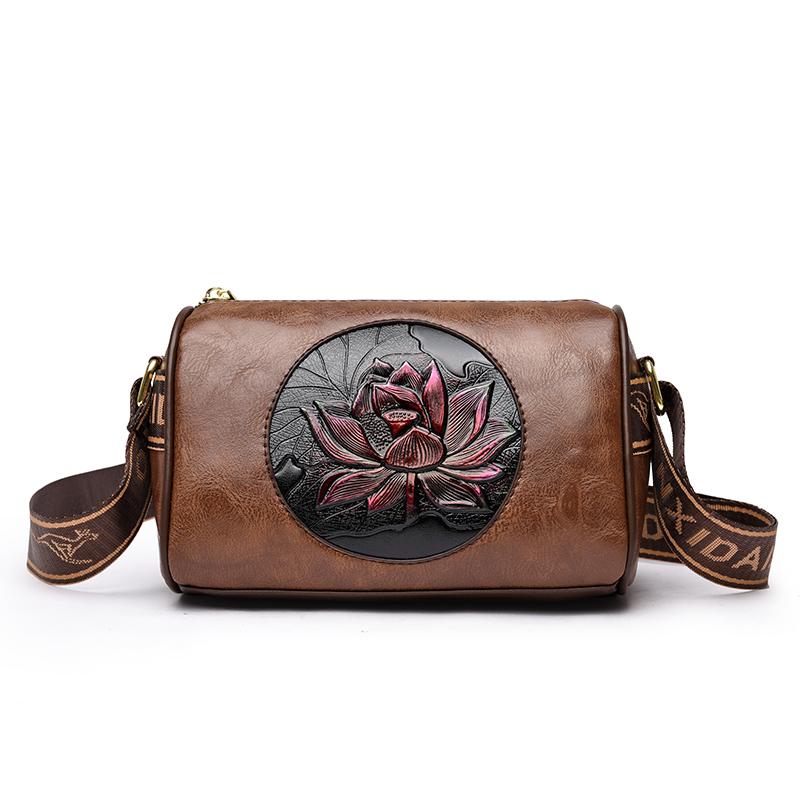 Handcrafted Leather Crossbody Bag with Embossed Lotus Design for Women Elegant Shoulder Bag for Casual and Formal Wear темно-коричневого 1360₽