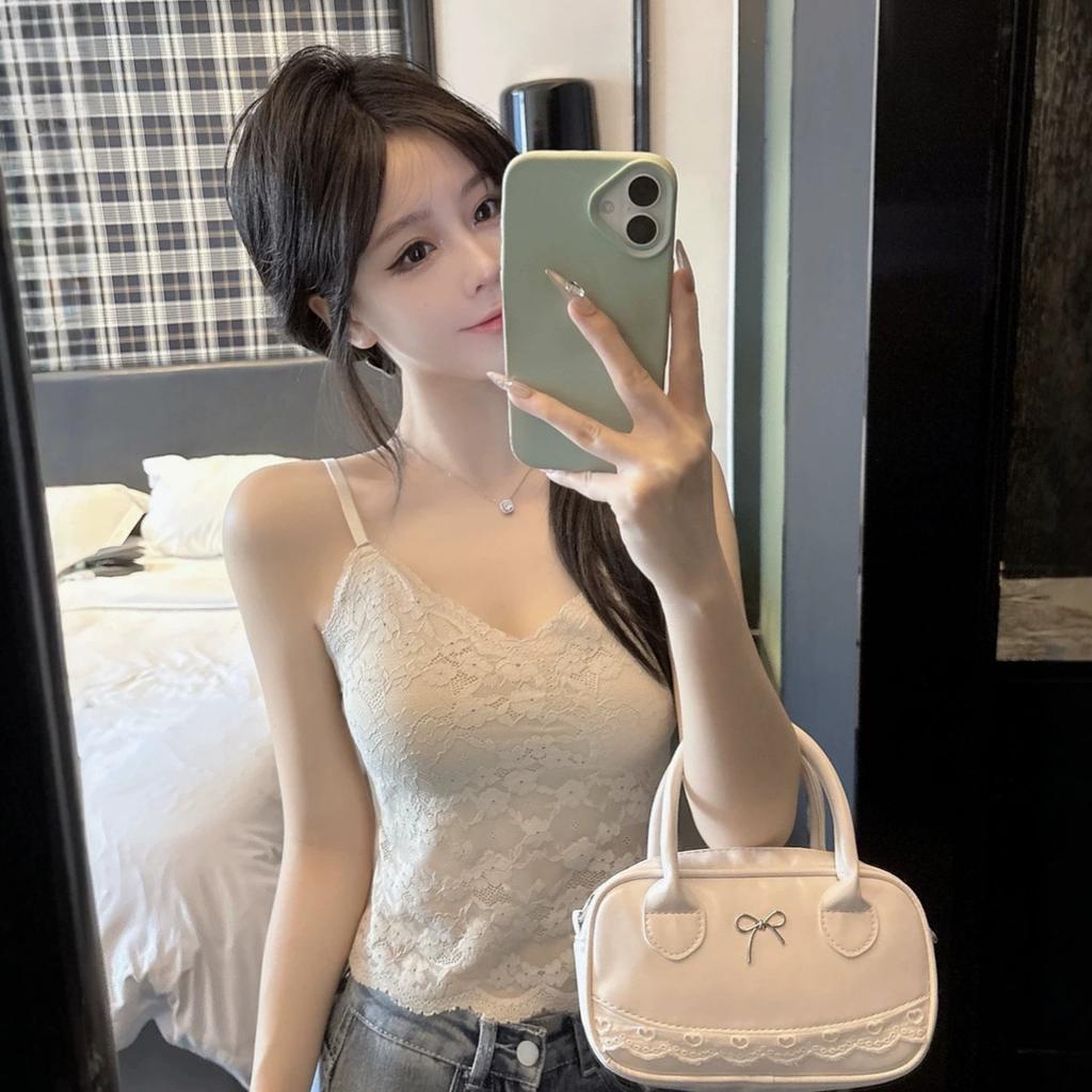 #Summer new pure desire wind V-neck lace dispensing splicing ice silk vest female slim one-piece with chest pad