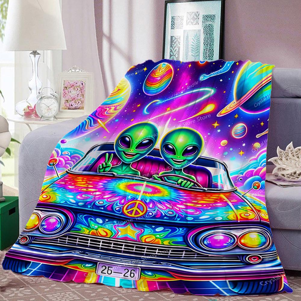 Alien Space Car Flannel Blanket Home Sofa Lunch Break Blankets Children Student Blankets Nap Cover Kid Camping Bed Couch Office