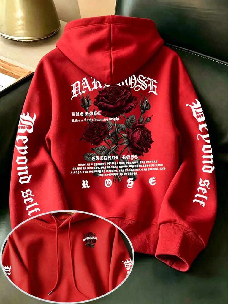 Men's Gothic Rose Hoodie Dark Red Rose Letter Graphic Back Sleeve Print Vintage Oversized Pullover Sweatshirt Streetwear Autumn