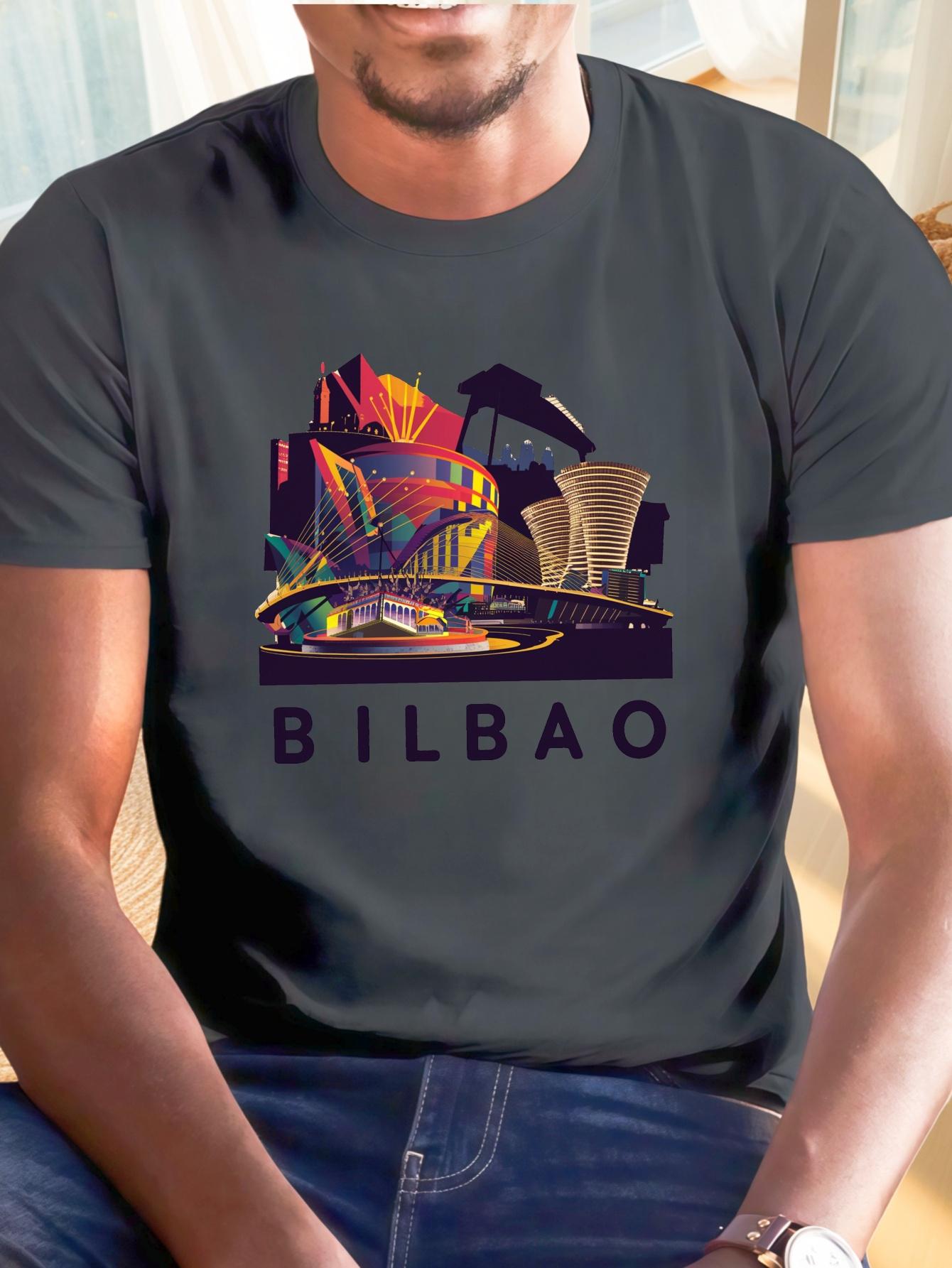 Men s Bilbao Graphic Print T-Shirt - Casual Short Sleeve Summer Tee with Vibrant Geometric Architecture Design S
