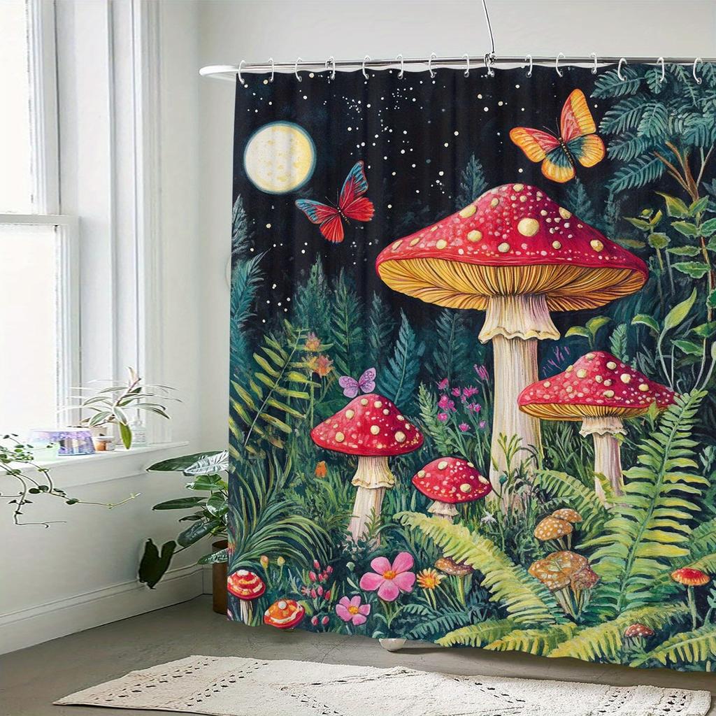 Wild Grass Mushroom Theme Shower Curtain 12 Hooks Suitable For Room Home Hotel Machine Washable Curtains Bathroom One Piece