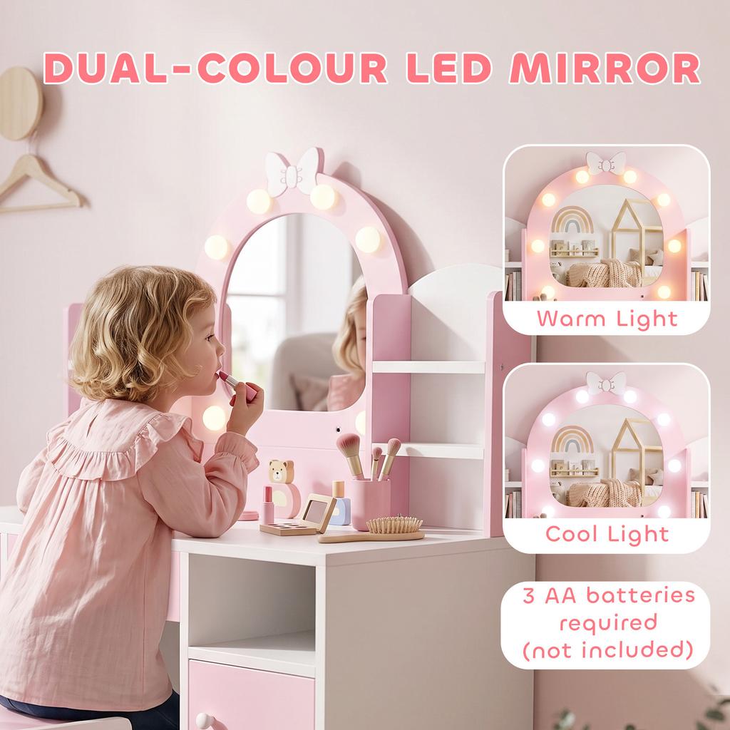 Kids Dressing Table, Kids Vanity Set with Stool, Pink