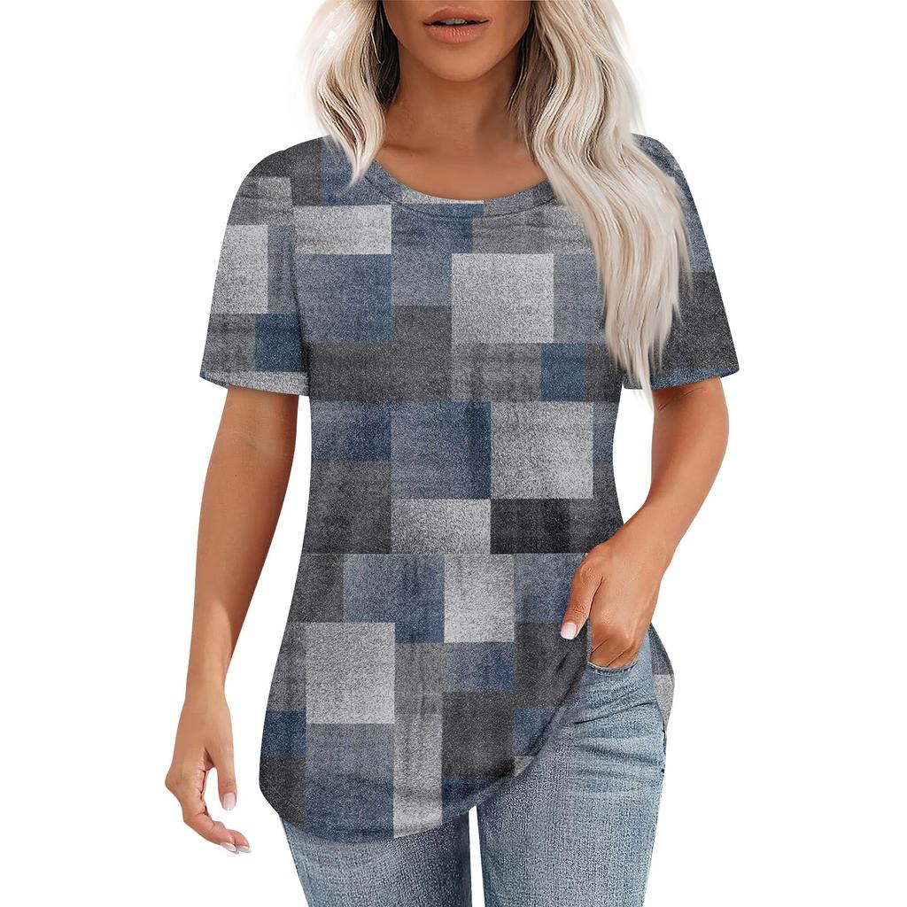 T Shirts For Women Pleated Round Neck Dressy Casual Blouses Printing Short Sleeve Summer Tops Loose Fit