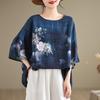 DIMANAF 2024 Sommer Plus Größe Frauen T-Shirts Drucken Floral Elegante Batwing Sleeve Tops Tees Lose Beiläufige Leinen Hemd 91685