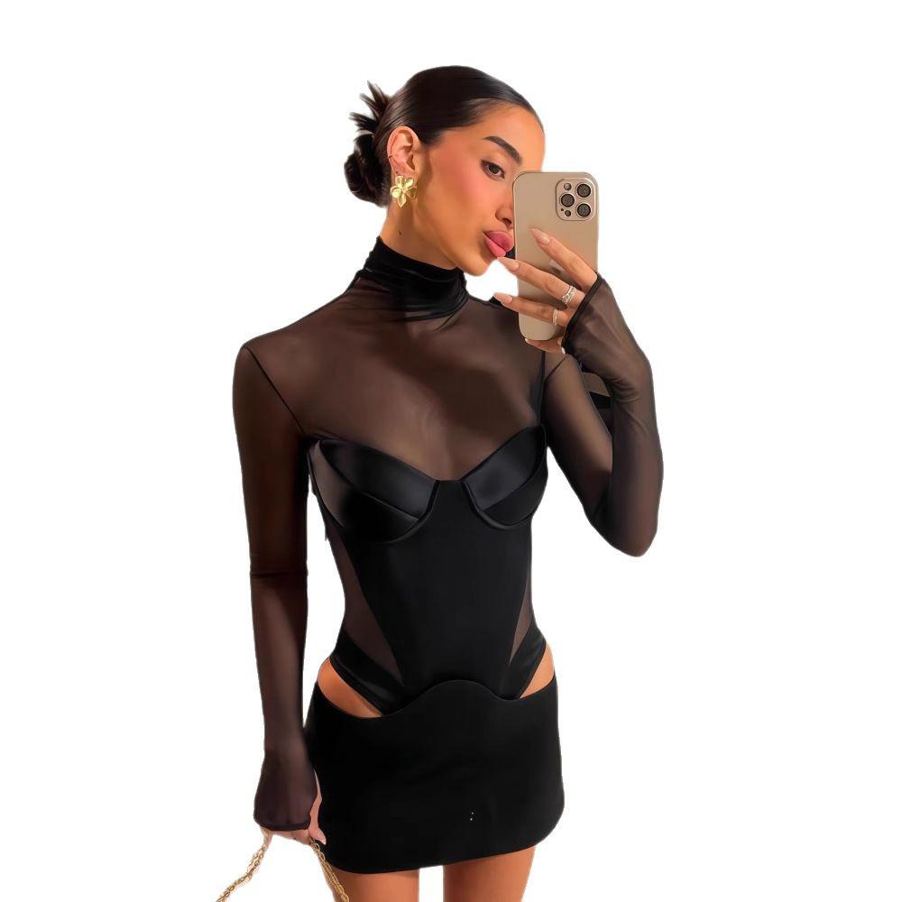Elegant Solid Color Mesh Mini Dress with Sexy Cutout Waist and Low-Cut Long Sleeves for Spring 2025