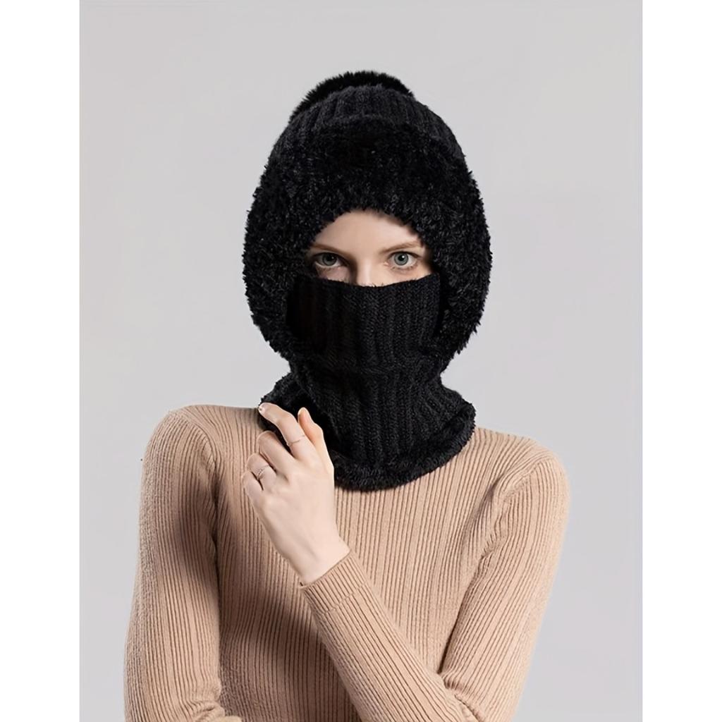 Women's Winter Hat Face Mask and Plush Earrings - Soft and Warm Full Face and Head Cover- Soft Fleece Lining Women's Winter Hat