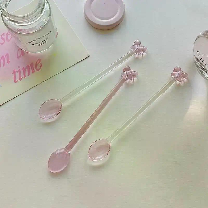 Pink Bow Glass Coffee Spoon, Long-handled Dessert/milk Tea Stirring Spoon, Heat-resistant Teaspoon, Household Kitchen Tool.