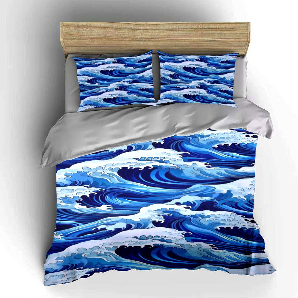 Blue Ocean Wave Print Bedding Set Bedding set (1 duvet cover, 2 pillowcases, duvet not included)