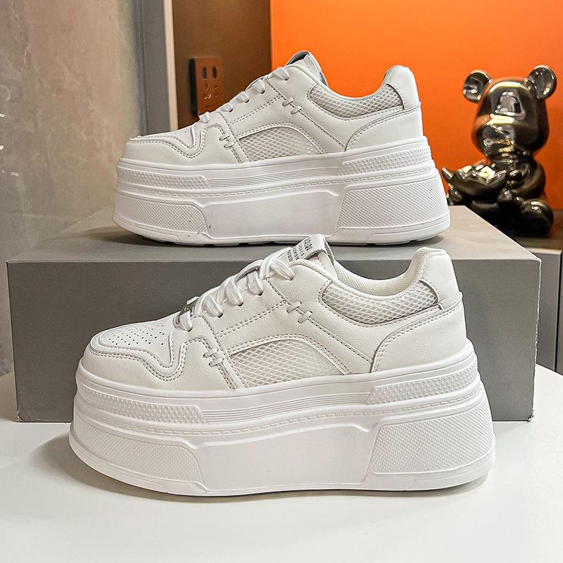 Women's White Spring/Summer 2025 Platform Sneakers - Thick-Soled, Height-Increasing, Petite-Friendly Casual Shoes