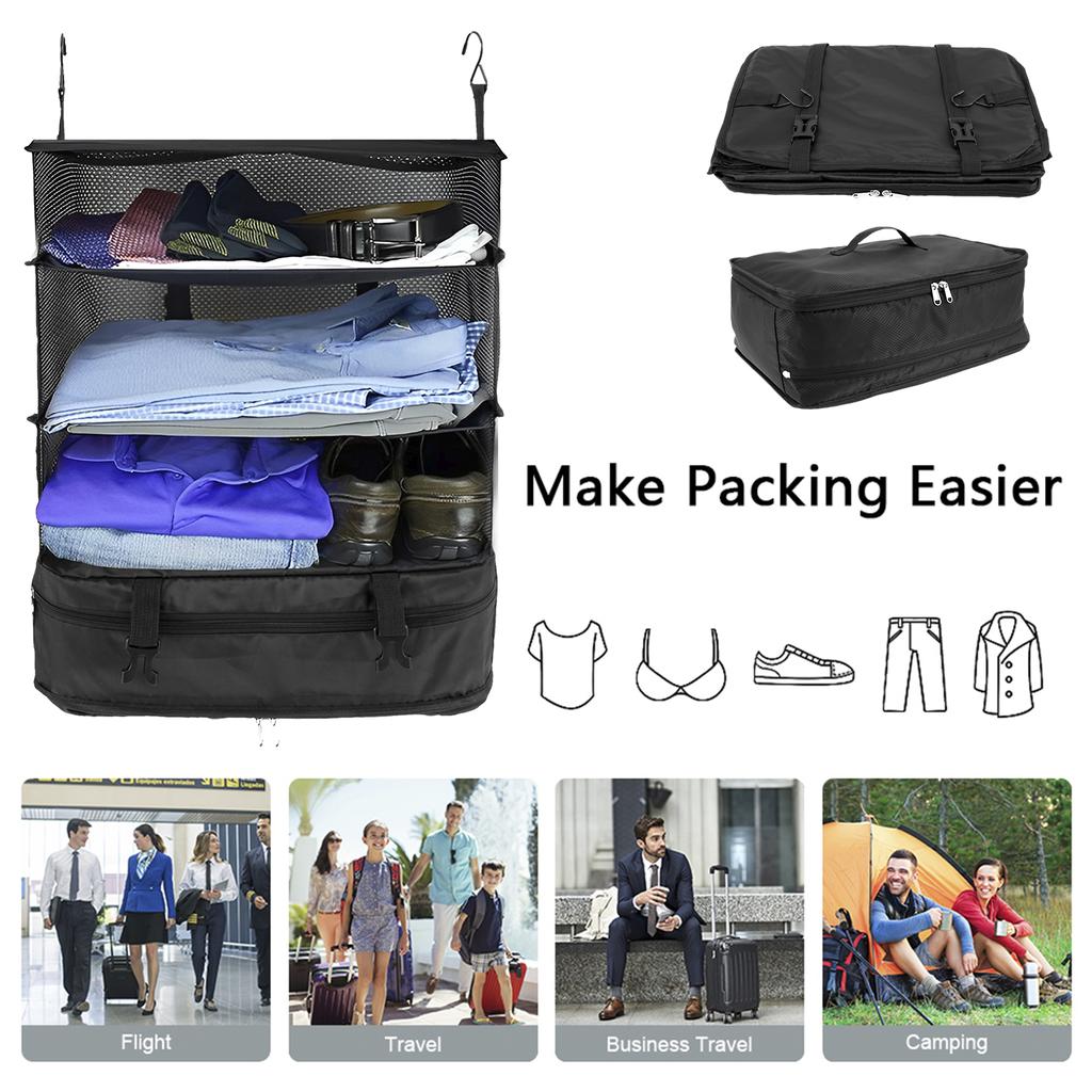 Reisegepäck-Organizer, tragbare Reiseregale, Tasche mit 3 Regalen, Koffer, Verpackungswürfel, zusammenklappbarer Hängeschrank, Aufbewahrungstasche, Platz