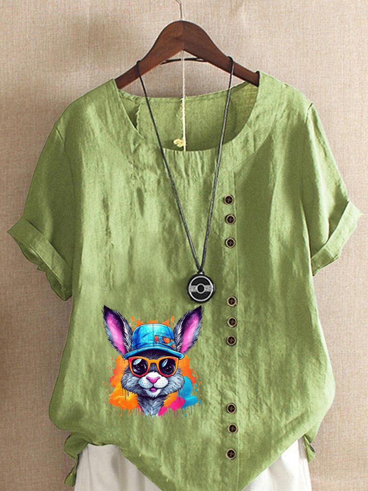 Women's Fashion Colorful Rabbit Print Round Neck Short Sleeve T-shirt Summer Casual Cotton Linen Graphic Shirt Leisure Loose Blouse Tops