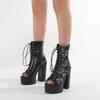 Black & White Floral Lace-Up Block Heel Boots for Women Mid Calf Peep Toe Platform Pumps Side Zipper Stylish High Heels