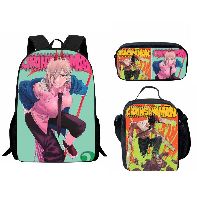 Printed Day Man Two-Dimensional Chainsaw Man Student Schoolbag Three-Piece Cartoon Backpack Lunch Bag