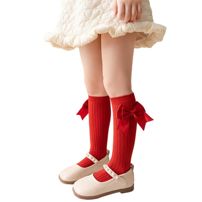 Girls Knee High Cotton Socks Big Ribbons Bow Back To School Socks, Ribbons Bows Long Socks Uniform Party Wear Stockings