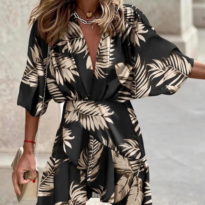 QICED Women's Autumn Bat Sleeve V-Neck Hem Irregular Dresses