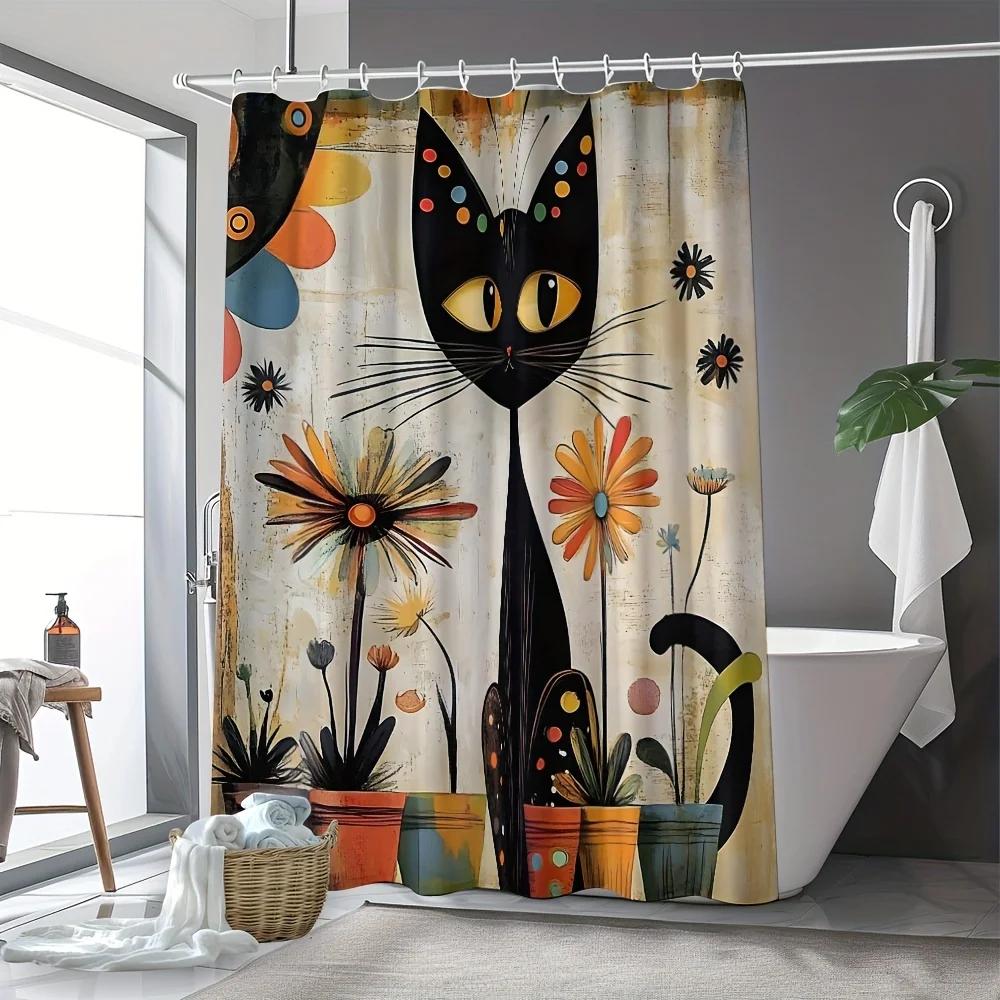 Elegant Black Cat with Colorful Dots Waterproof Shower Curtain – Perfect for Adding a Whimsical and Artistic Touch to
