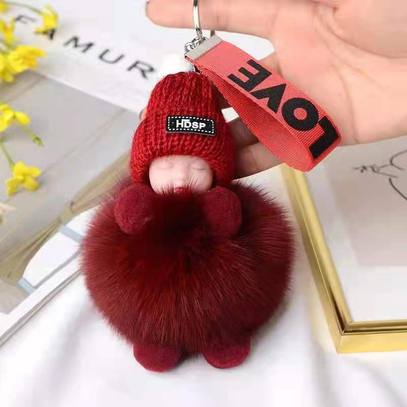 Genuine Fox Fur Pom Pom Doll Keychain Pendant for Bags and Accessories