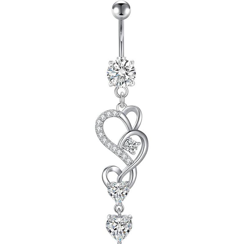 Heart-shaped Round Piercing Jewelry Navel Ring, Copper Inlaid Zircon Stainless Steel Navel Nail