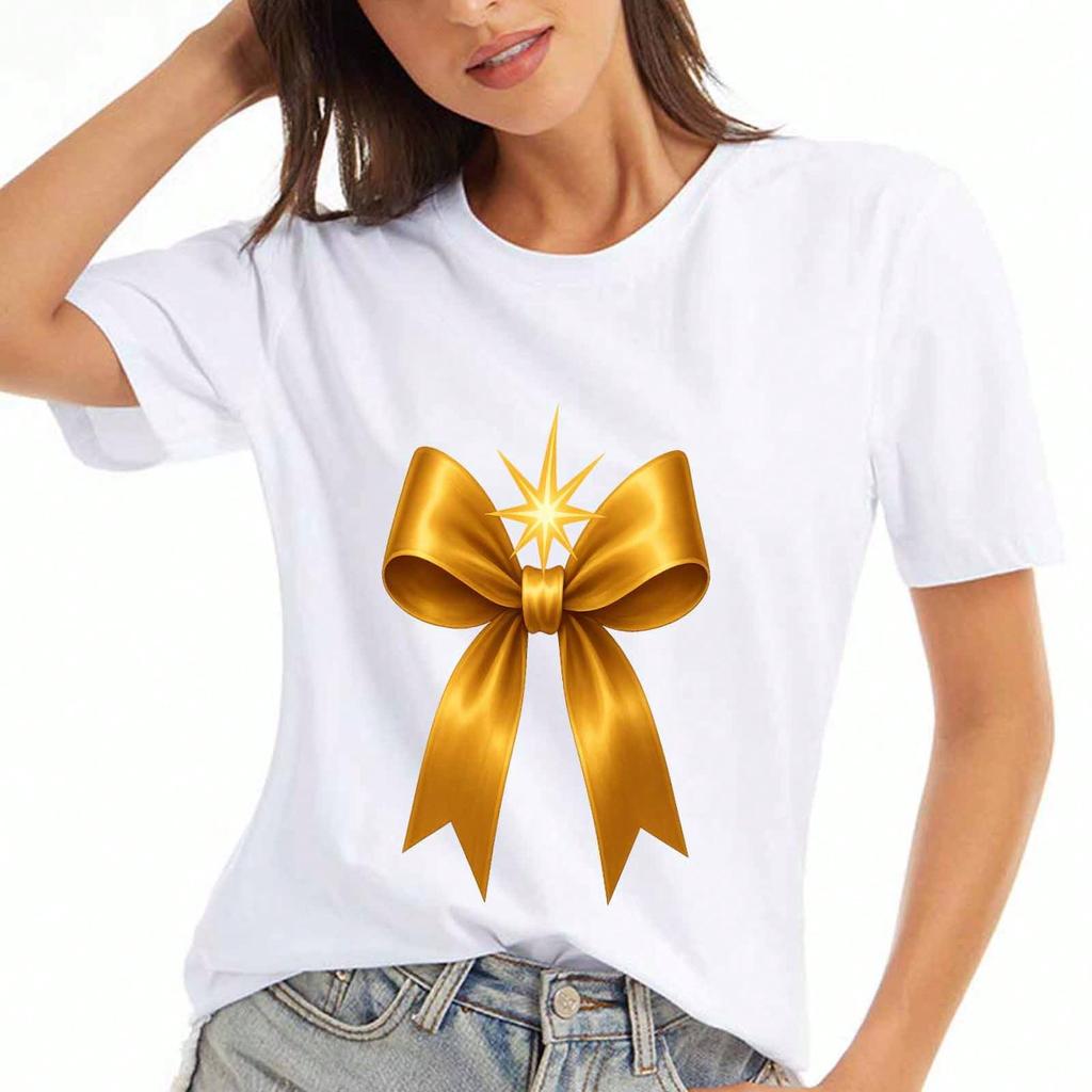 Goldenes Band Schleife Unisex Baumwoll T-Shirt, Reine Baumwolle Hochwertiger Druck, Langlebig, Lässig Und Modisch. Entzückliches Sternendetail, Festlicher Feiertagsstil,