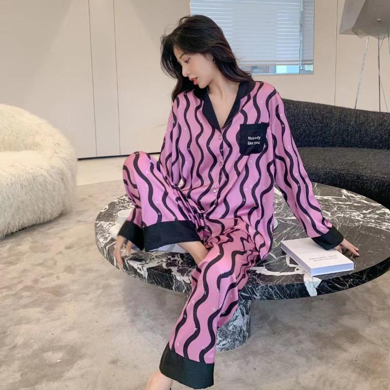 Ice Silk Pajamas for Women Warm Season and Autumn New Long-sleeved Cardigan Simple Ink Home Wear Pajamas Set